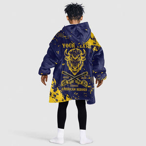 Personalized African-American Heroes Kid Wearable Blanket Hoodie Bison Buffalo Soldiers - Blue Grunge Style - African Pride