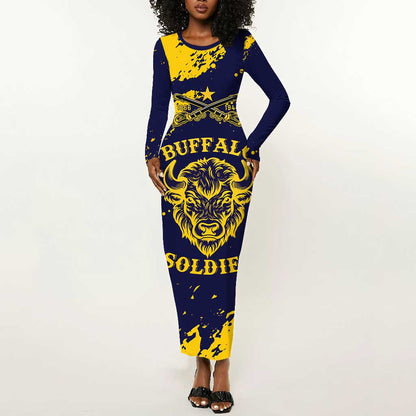 Personalized African-American Heroes Long Sleeve Bodycon Dress Bison Buffalo Soldiers - Blue Grunge Style - African Pride