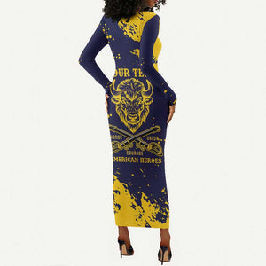 Personalized African-American Heroes Long Sleeve Bodycon Dress Bison Buffalo Soldiers - Blue Grunge Style - African Pride