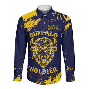 Personalized African-American Heroes Long Sleeve Button Shirt Bison Buffalo Soldiers - Blue Grunge Style - African Pride