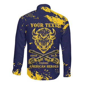 Personalized African-American Heroes Long Sleeve Button Shirt Bison Buffalo Soldiers - Blue Grunge Style - African Pride