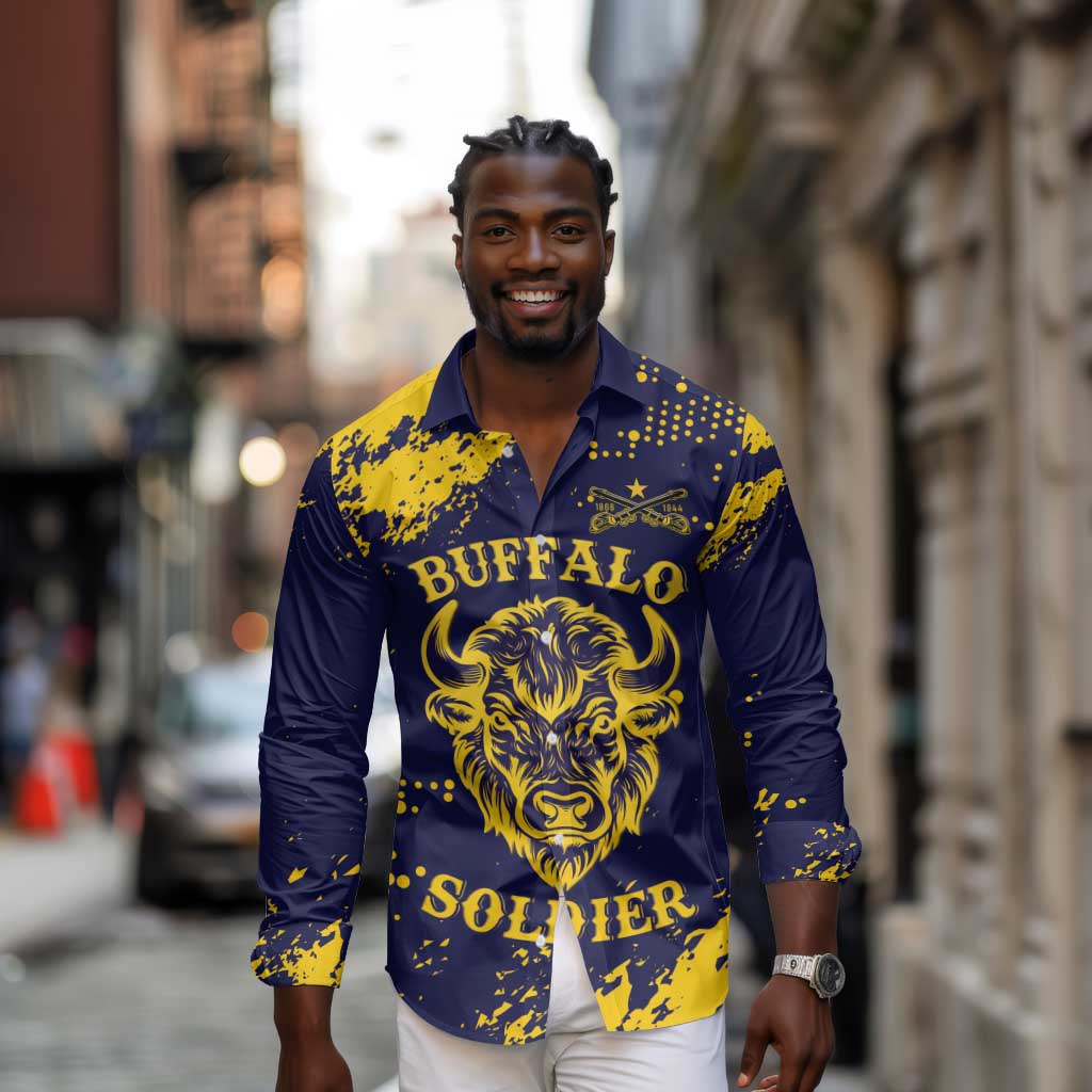Personalized African-American Heroes Long Sleeve Button Shirt Bison Buffalo Soldiers - Blue Grunge Style - African Pride