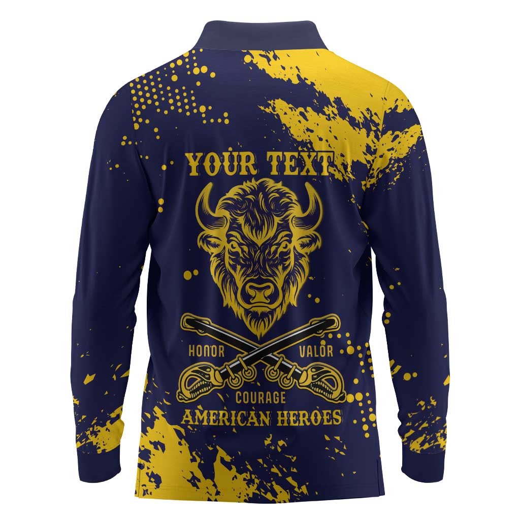 Personalized African-American Heroes Long Sleeve Polo Shirt Bison Buffalo Soldiers - Blue Grunge Style - African Pride