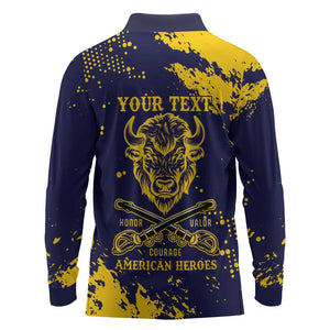 Personalized African-American Heroes Long Sleeve Polo Shirt Bison Buffalo Soldiers - Blue Grunge Style - African Pride