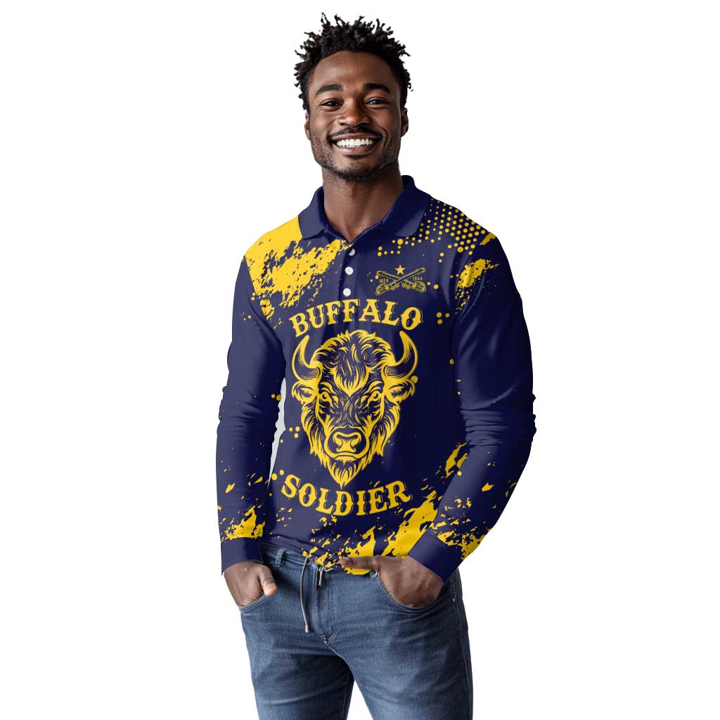 Personalized African-American Heroes Long Sleeve Polo Shirt Bison Buffalo Soldiers - Blue Grunge Style - African Pride