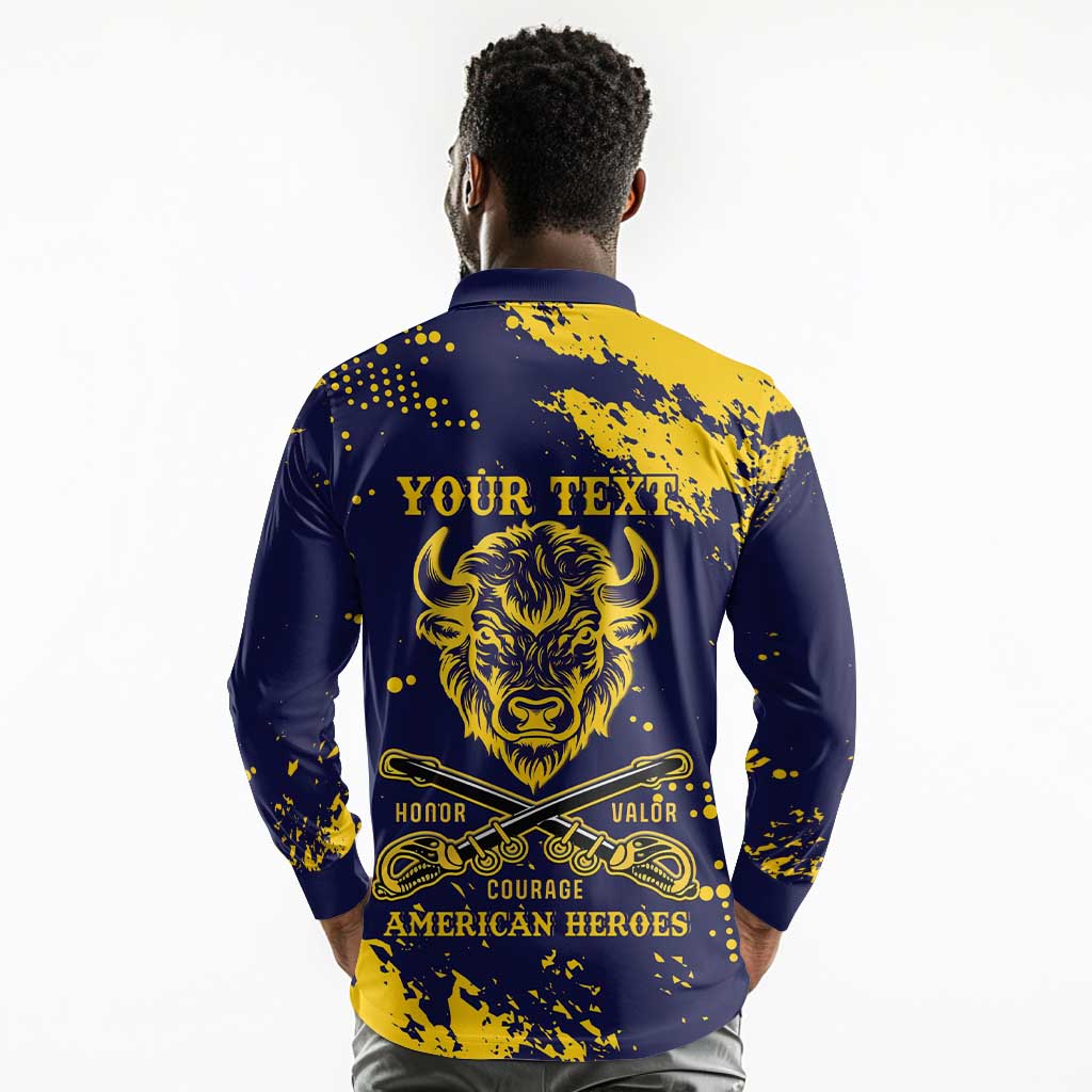Personalized African-American Heroes Long Sleeve Polo Shirt Bison Buffalo Soldiers - Blue Grunge Style - African Pride