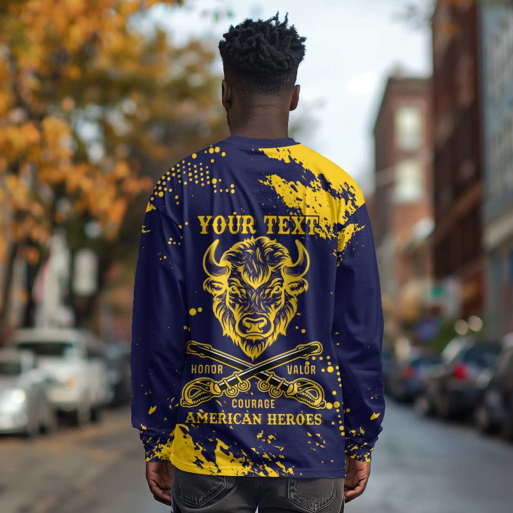 Personalized African-American Heroes Long Sleeve Shirt Bison Buffalo Soldiers - Blue Grunge Style - African Pride