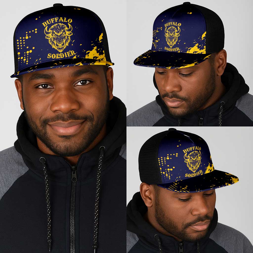 Personalized African-American Heroes Mesh Trucker Cap Bison Buffalo Soldiers - Blue Grunge Style - African Pride