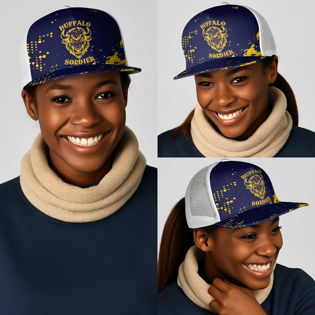 Personalized African-American Heroes Mesh Trucker Cap Bison Buffalo Soldiers - Blue Grunge Style - African Pride