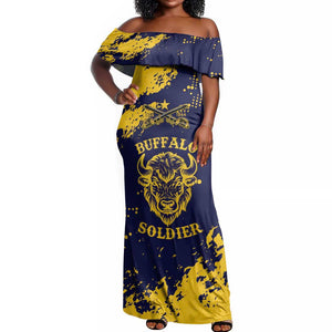 Personalized African-American Heroes Off Shoulder Maxi Dress Bison Buffalo Soldiers - Blue Grunge Style - African Pride
