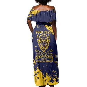 Personalized African-American Heroes Off Shoulder Maxi Dress Bison Buffalo Soldiers - Blue Grunge Style - African Pride