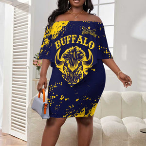 Personalized African-American Heroes Off Shoulder Short Dress Bison Buffalo Soldiers - Blue Grunge Style - African Pride