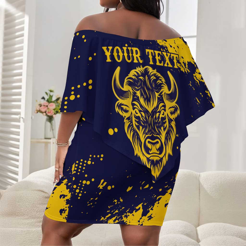 Personalized African-American Heroes Off Shoulder Short Dress Bison Buffalo Soldiers - Blue Grunge Style - African Pride