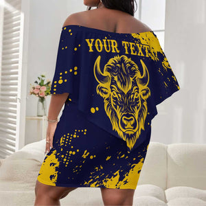 Personalized African-American Heroes Off Shoulder Short Dress Bison Buffalo Soldiers - Blue Grunge Style - African Pride