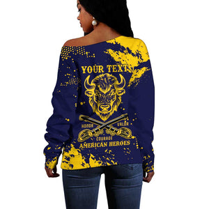 Personalized African-American Heroes Off Shoulder Sweater Bison Buffalo Soldiers - Blue Grunge Style - African Pride