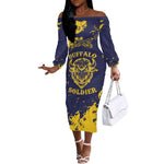 Personalized African-American Heroes Off The Shoulder Long Sleeve Dress Bison Buffalo Soldiers - Blue Grunge Style - African Pride