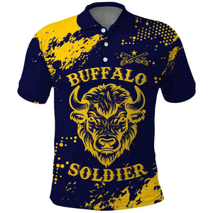 Personalized African-American Heroes Polo Shirt Bison Buffalo Soldiers - Blue Grunge Style - African Pride