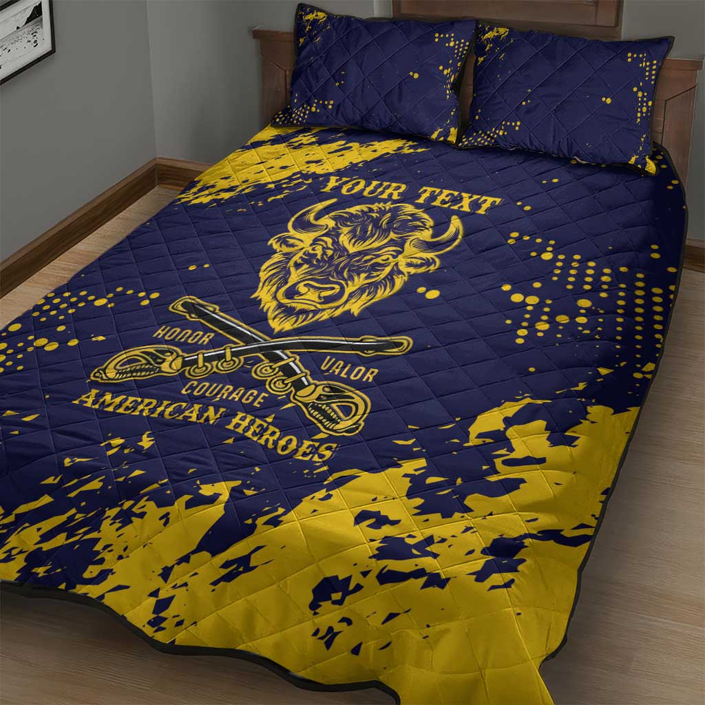 Personalized African-American Heroes Quilt Bed Set Bison Buffalo Soldiers - Blue Grunge Style - African Pride