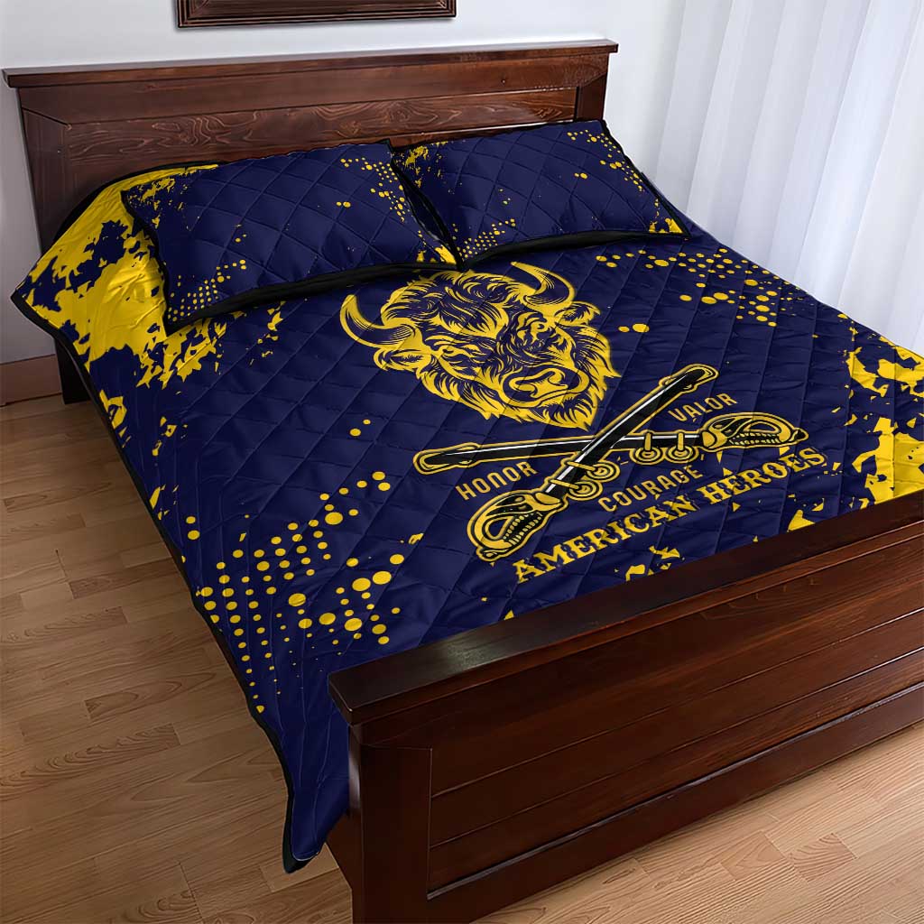Personalized African-American Heroes Quilt Bed Set Bison Buffalo Soldiers - Blue Grunge Style - African Pride