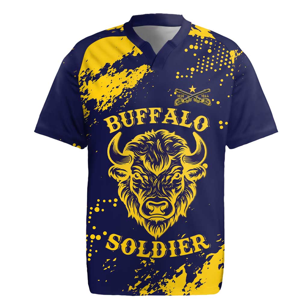 Personalized African-American Heroes Rugby Jersey Bison Buffalo Soldiers - Blue Grunge Style - African Pride