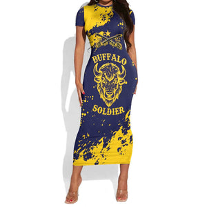 Personalized African-American Heroes Short Sleeve Bodycon Dress Bison Buffalo Soldiers - Blue Grunge Style - African Pride