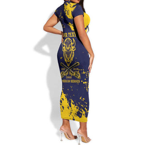 Personalized African-American Heroes Short Sleeve Bodycon Dress Bison Buffalo Soldiers - Blue Grunge Style - African Pride