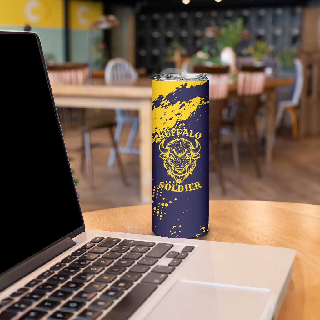 Personalized African-American Heroes Skinny Tumbler Bison Buffalo Soldiers - Blue Grunge Style - African Pride