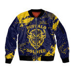 Personalized African-American Heroes Sleeve Zip Bomber Jacket Bison Buffalo Soldiers - Blue Grunge Style - African Pride