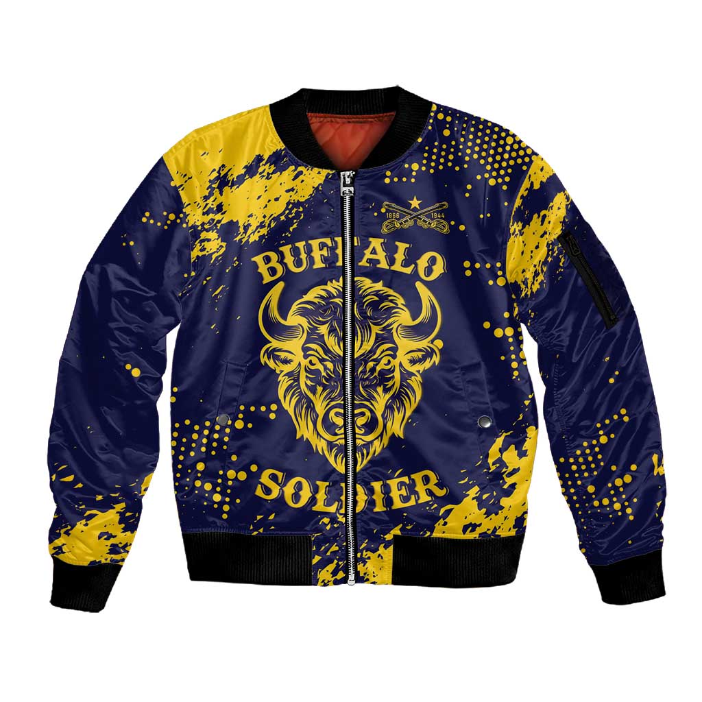 Personalized African-American Heroes Sleeve Zip Bomber Jacket Bison Buffalo Soldiers - Blue Grunge Style - African Pride