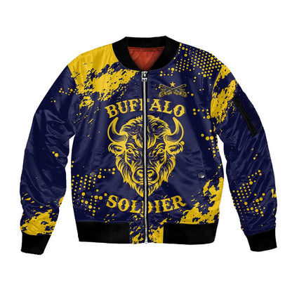 Personalized African-American Heroes Sleeve Zip Bomber Jacket Bison Buffalo Soldiers - Blue Grunge Style - African Pride