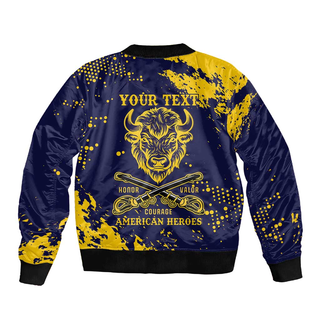 Personalized African-American Heroes Sleeve Zip Bomber Jacket Bison Buffalo Soldiers - Blue Grunge Style - African Pride
