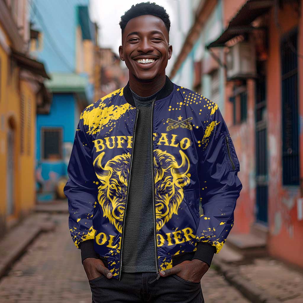 Personalized African-American Heroes Sleeve Zip Bomber Jacket Bison Buffalo Soldiers - Blue Grunge Style - African Pride