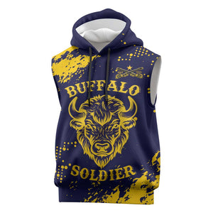Personalized African-American Heroes Sleeveless Hoodie Bison Buffalo Soldiers - Blue Grunge Style - African Pride