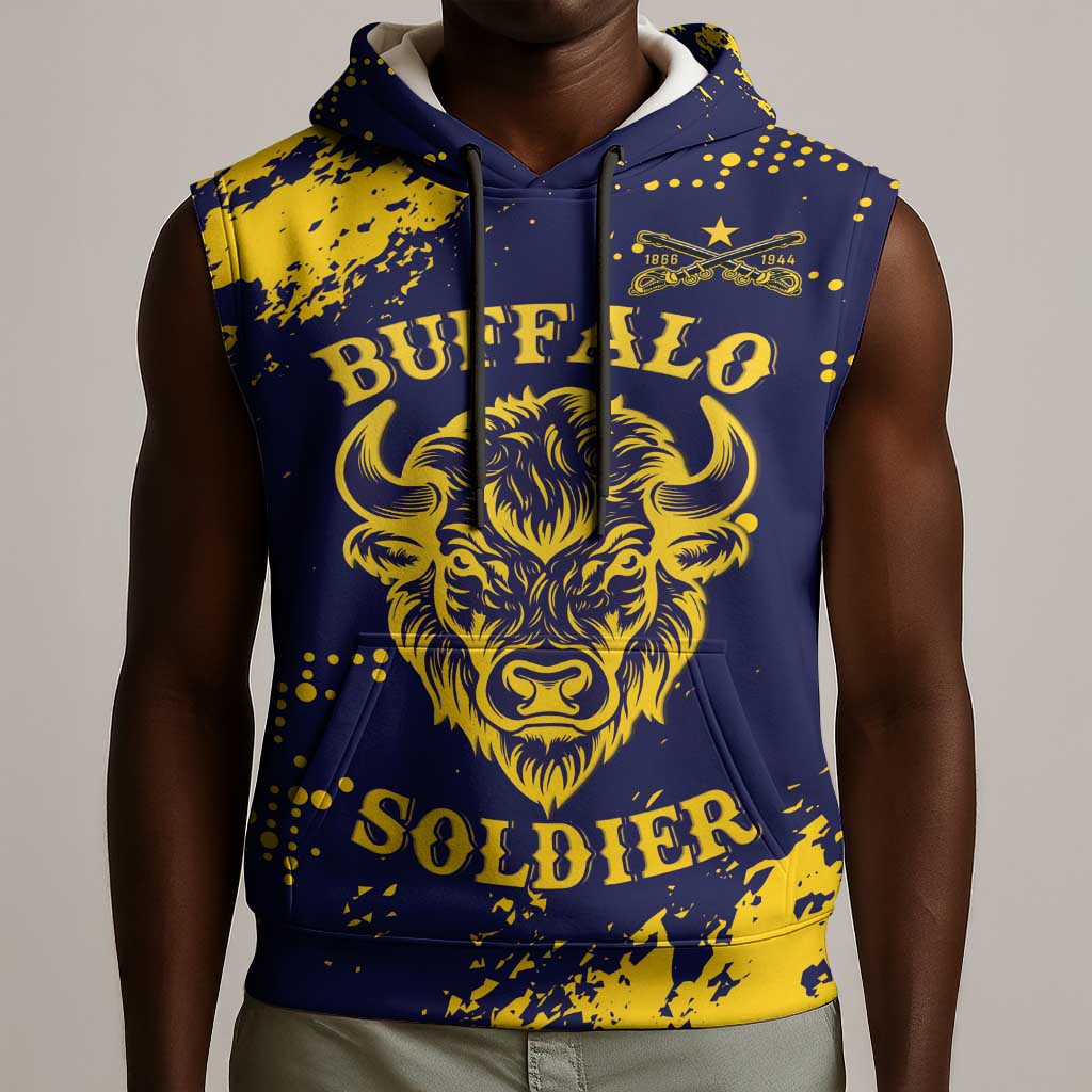 Personalized African-American Heroes Sleeveless Hoodie Bison Buffalo Soldiers - Blue Grunge Style - African Pride