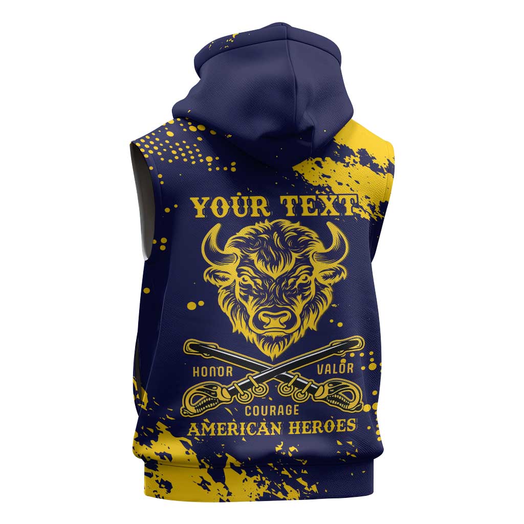Personalized African-American Heroes Sleeveless Zip Hoodie Bison Buffalo Soldiers - Blue Grunge Style - African Pride