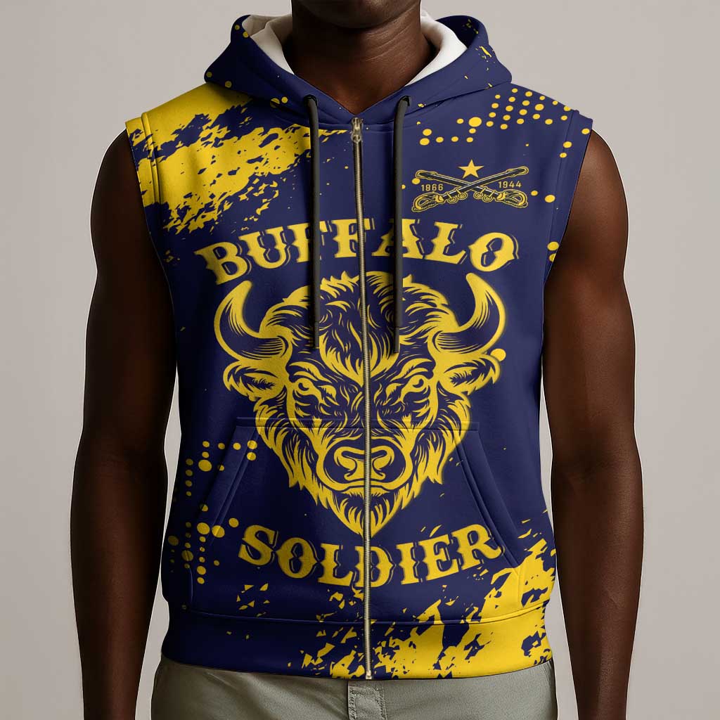 Personalized African-American Heroes Sleeveless Zip Hoodie Bison Buffalo Soldiers - Blue Grunge Style - African Pride