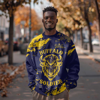 Personalized African-American Heroes Sweatshirt Bison Buffalo Soldiers - Blue Grunge Style - African Pride