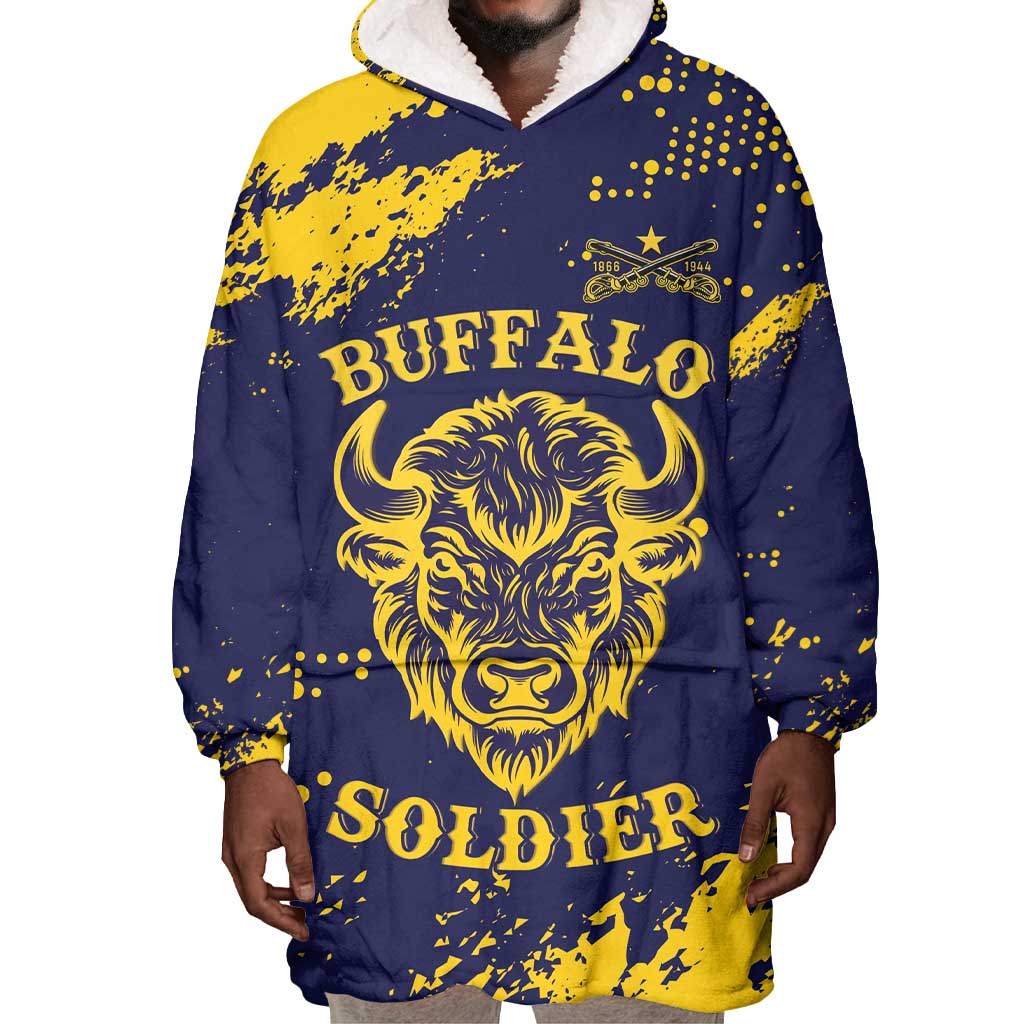 Personalized African-American Heroes Wearable Blanket Hoodie Bison Buffalo Soldiers - Blue Grunge Style - African Pride
