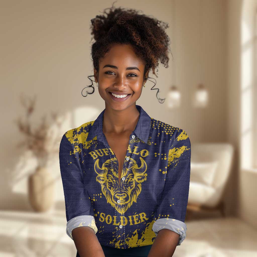 Personalized African-American Heroes Women Casual Shirt Bison Buffalo Soldiers - Blue Grunge Style - African Pride