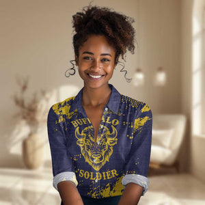Personalized African-American Heroes Women Casual Shirt Bison Buffalo Soldiers - Blue Grunge Style - African Pride