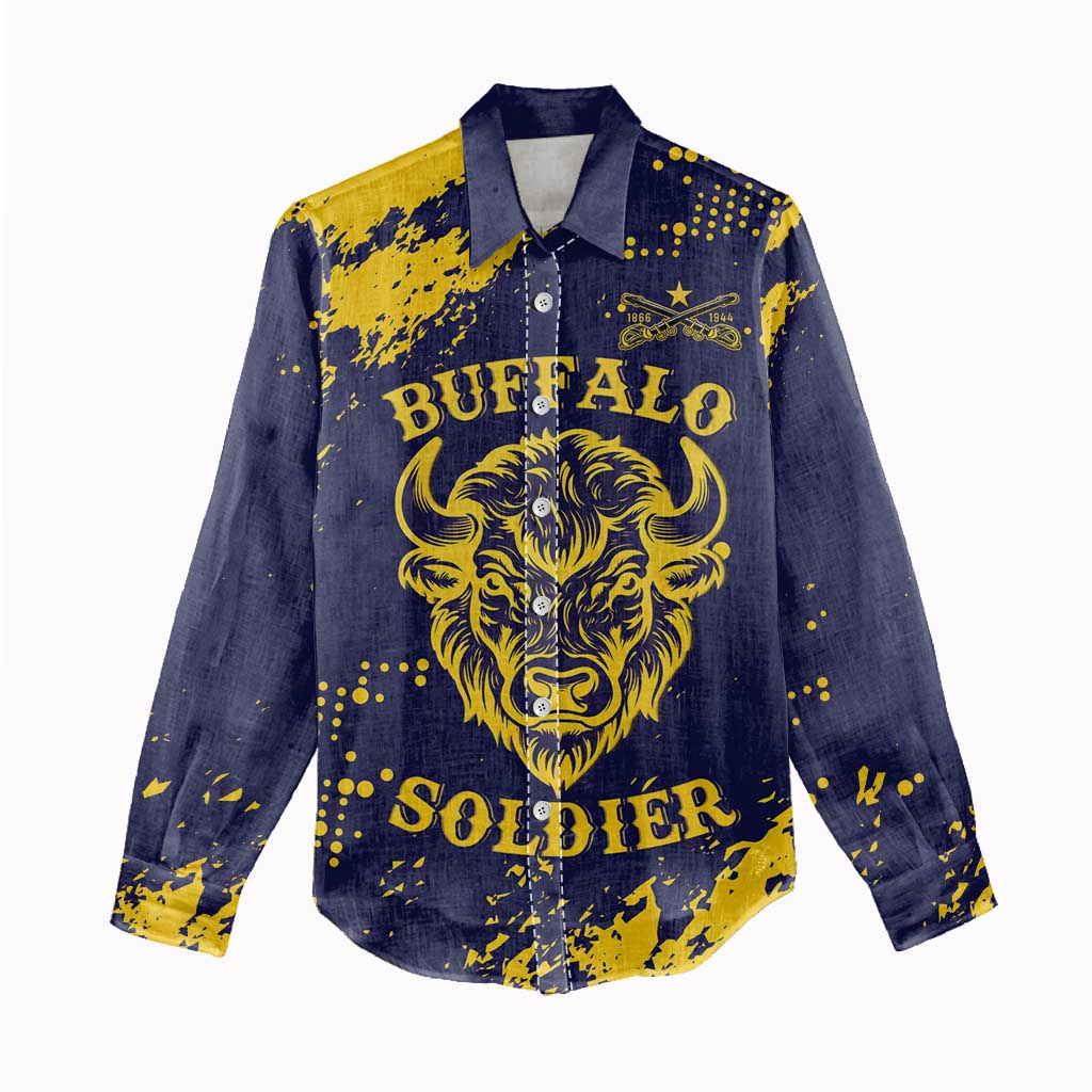 Personalized African-American Heroes Women Casual Shirt Bison Buffalo Soldiers - Blue Grunge Style - African Pride