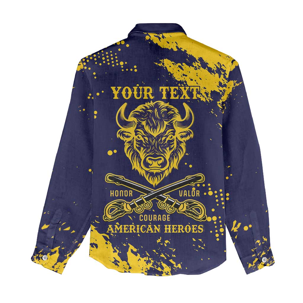 Personalized African-American Heroes Women Casual Shirt Bison Buffalo Soldiers - Blue Grunge Style - African Pride