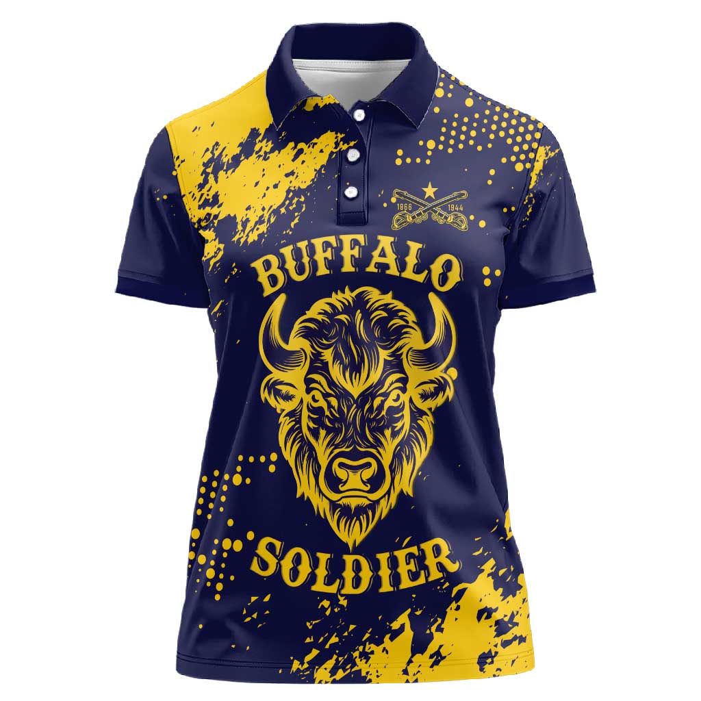 Personalized African-American Heroes Women Polo Shirt Bison Buffalo Soldiers - Blue Grunge Style - African Pride