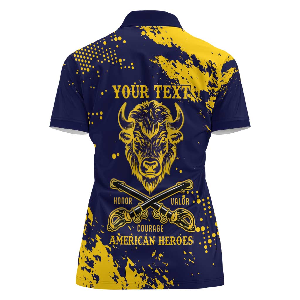 Personalized African-American Heroes Women Polo Shirt Bison Buffalo Soldiers - Blue Grunge Style - African Pride
