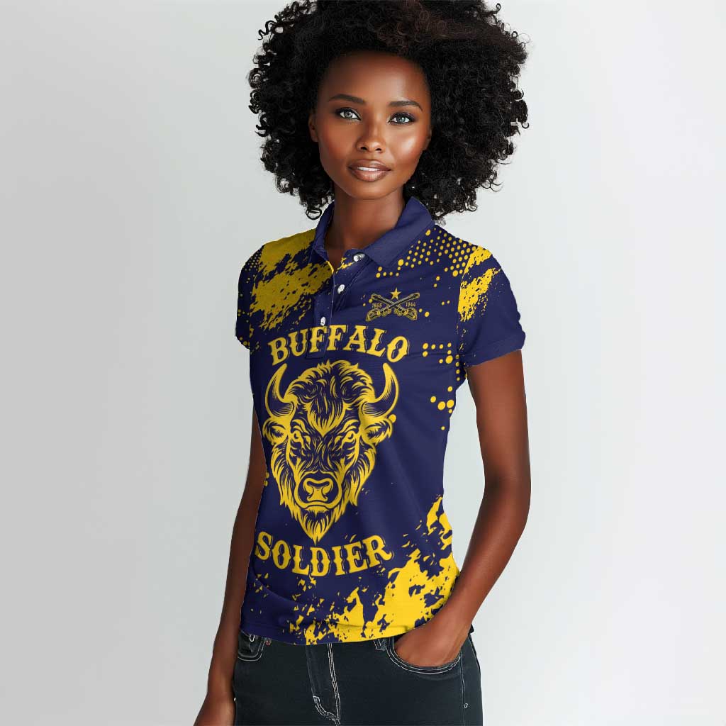Personalized African-American Heroes Women Polo Shirt Bison Buffalo Soldiers - Blue Grunge Style - African Pride