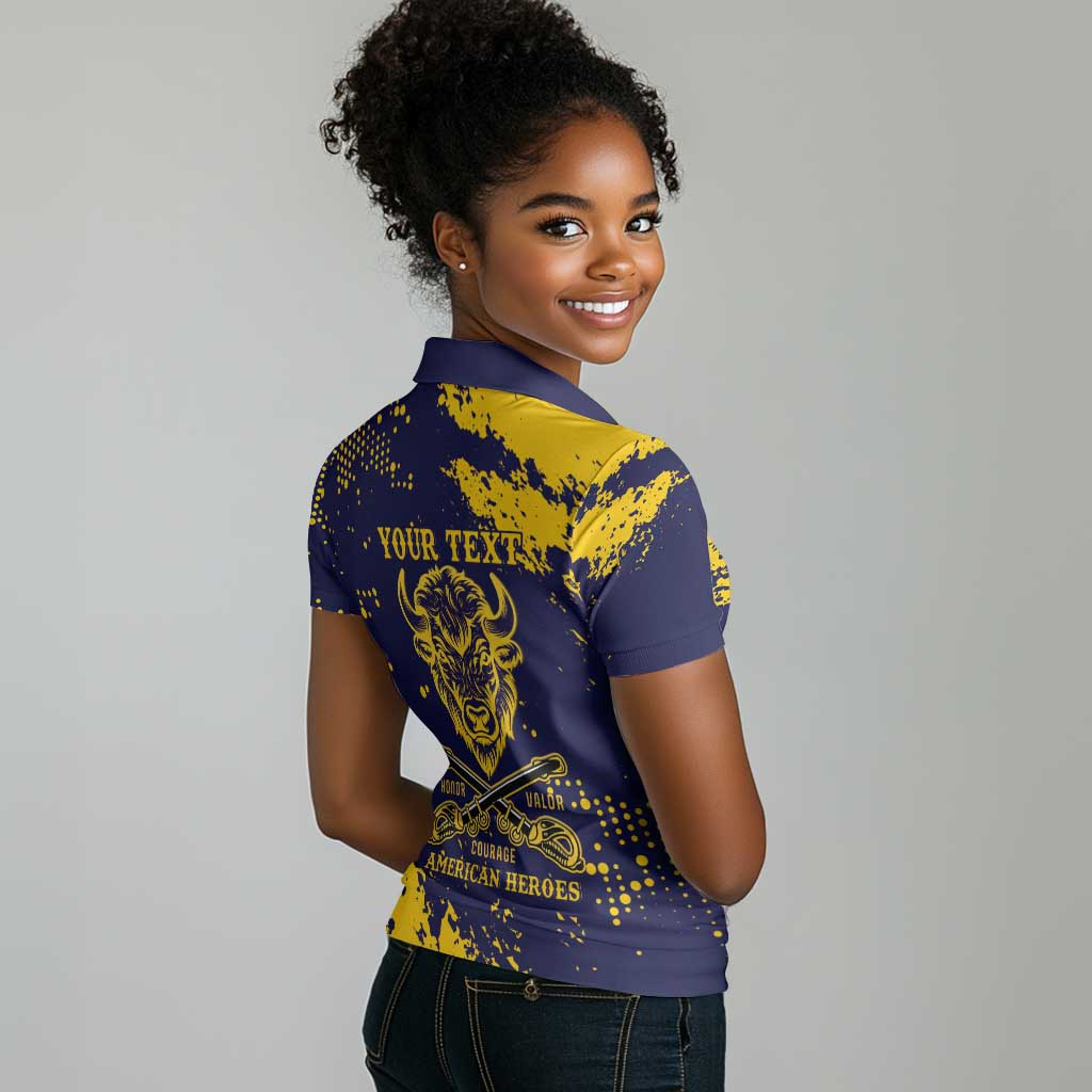 Personalized African-American Heroes Women Polo Shirt Bison Buffalo Soldiers - Blue Grunge Style - African Pride