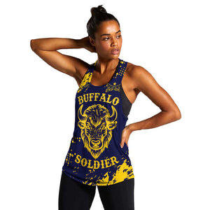 Personalized African-American Heroes Women Racerback Tank Bison Buffalo Soldiers - Blue Grunge Style - African Pride