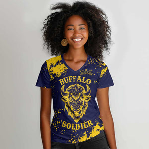 Personalized African-American Heroes Women V-Neck T-Shirt Bison Buffalo Soldiers - Blue Grunge Style - African Pride