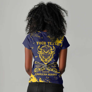 Personalized African-American Heroes Women V-Neck T-Shirt Bison Buffalo Soldiers - Blue Grunge Style - African Pride