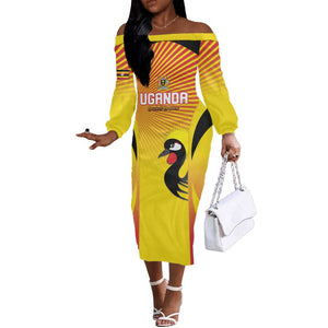 Custom Uganda Cricket Off The Shoulder Long Sleeve Dress Go Champions - African Pride